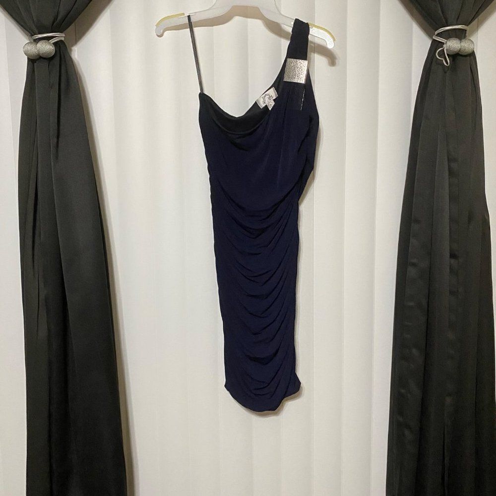 Sweet Storm off the shoulder navy rusched dress